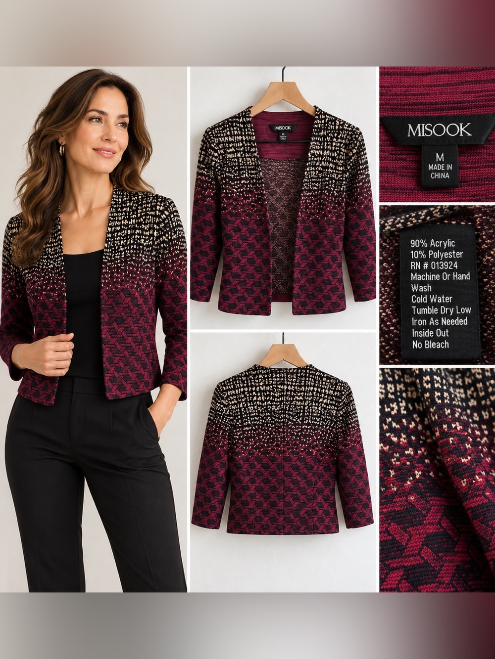 Misook Burgundy Black Cream Geometric Knit Open Front Cardigan Jacket Size M